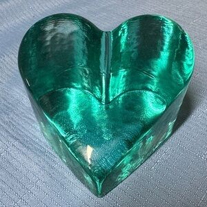 Fire & Light Aqua Heart Large 3.5” Recycled Art Glass Paperweight Signed
